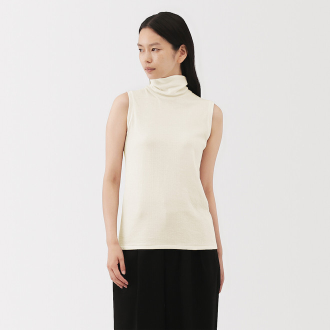 Damen‐T‐Shirt mit Rollkragen aus Baumwolle und Kaschmir ohne Ärmel
