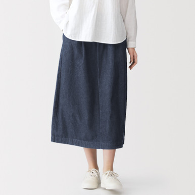 MUJI | Damen-Midirock aus gewaschenem Denim mit bequemer Passform Dunkelmarine S
