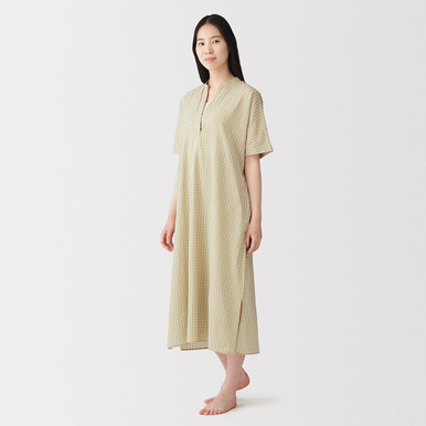 MUJI | Damen-Kleid aus Bio-Baumwolle mit Dobby-Karomuster und kurzen Ärmeln Rauchgrün Kariert M