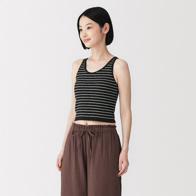 MUJI | Damen-Unterhemd aus gerippter Stretch-Baumwolle mit versteckter Unterstützung Gebrochen Weiß Gestreift XS