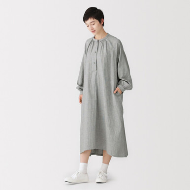 MUJI | Damen-Kleid aus Kapok-Mischgewebe mit Stehkragen und doppelter Gaze Schwarz S