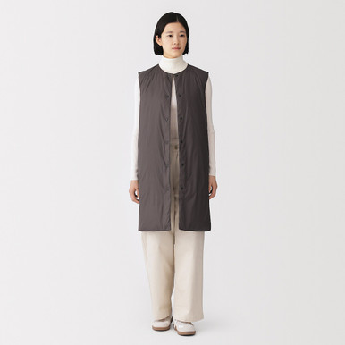 MUJI | Damen Leichte lange Daunenweste ohne Kragen aus recyceltem Nylon Mittelgrau XS