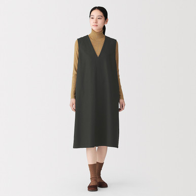 MUJI | Damen-Kleid aus Wollmischung ohne Ärmel mit V-Ausschnitt Dunkelgrau XS