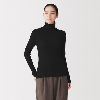 MUJI | Less‐Itchy Rippstrick‐Pullover mit Rollkragen für Damen Grau Gestreift S