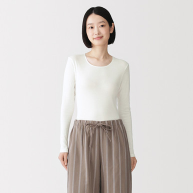 MUJI | Damen Longsleeve T‐Shirt mit Crew‐Ausschnitt aus Warme Baumwolle Dunkelbraun XS