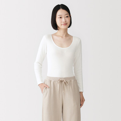 MUJI | Damen Longsleeve T‐Shirt mit U‐Boot‐Ausschnitt aus Warme Baumwolle Schwarz L