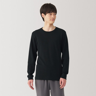 MUJI | Herren Longsleeve T‐Shirt mit Crew‐Ausschnitt aus Warme Baumwolle und Wolle Dunkelmarine XS