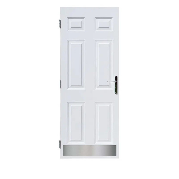 Satin silver kick plate on door.