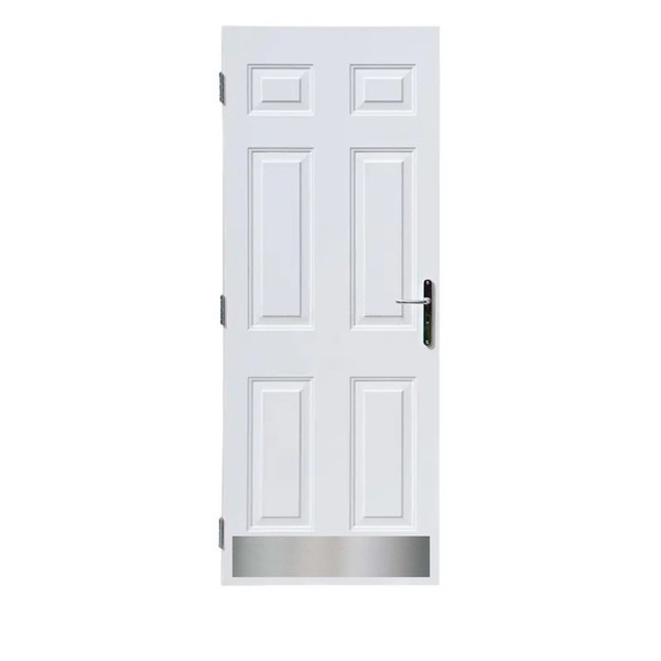 Satin silver kick plate on door.