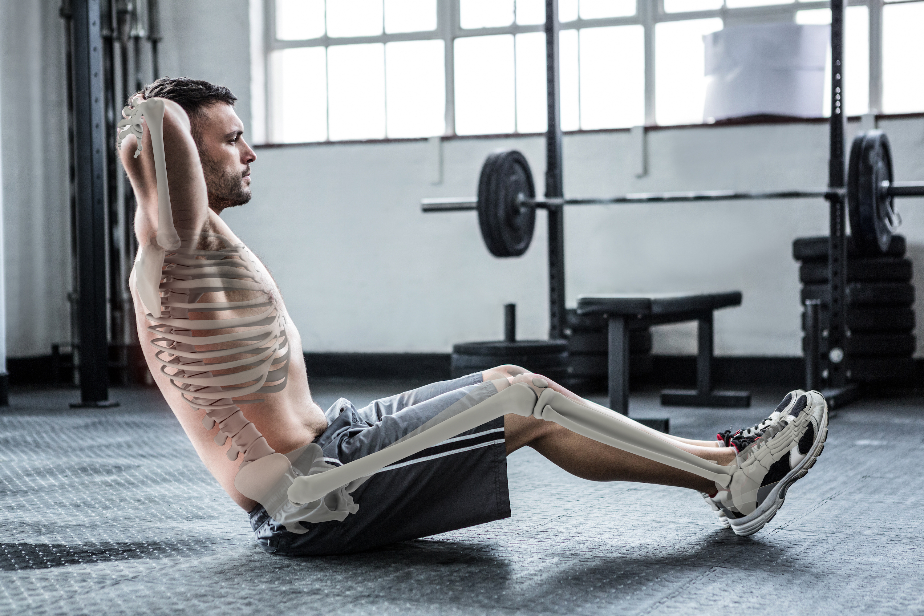 Man Exercising, rendering of bone structure displayed