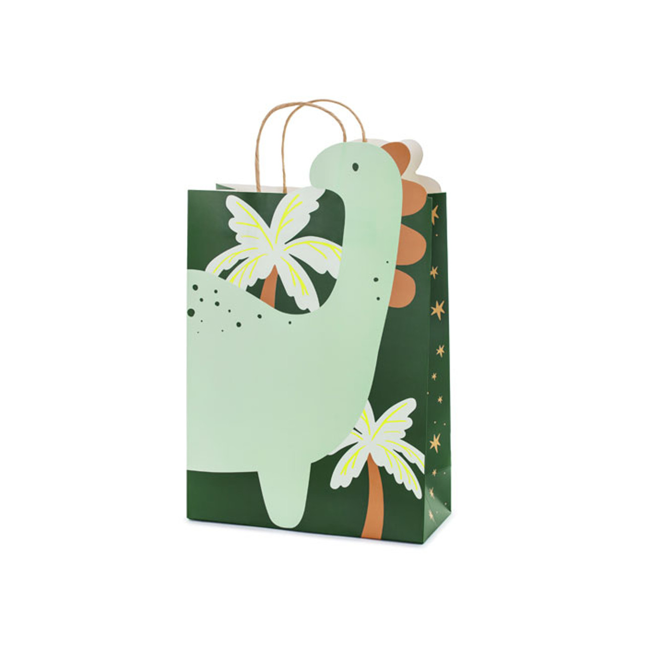 A vibrant gift bag featuring a playful green dinosaur and palm trees, ideal for children's parties or dinosaur-themed events.