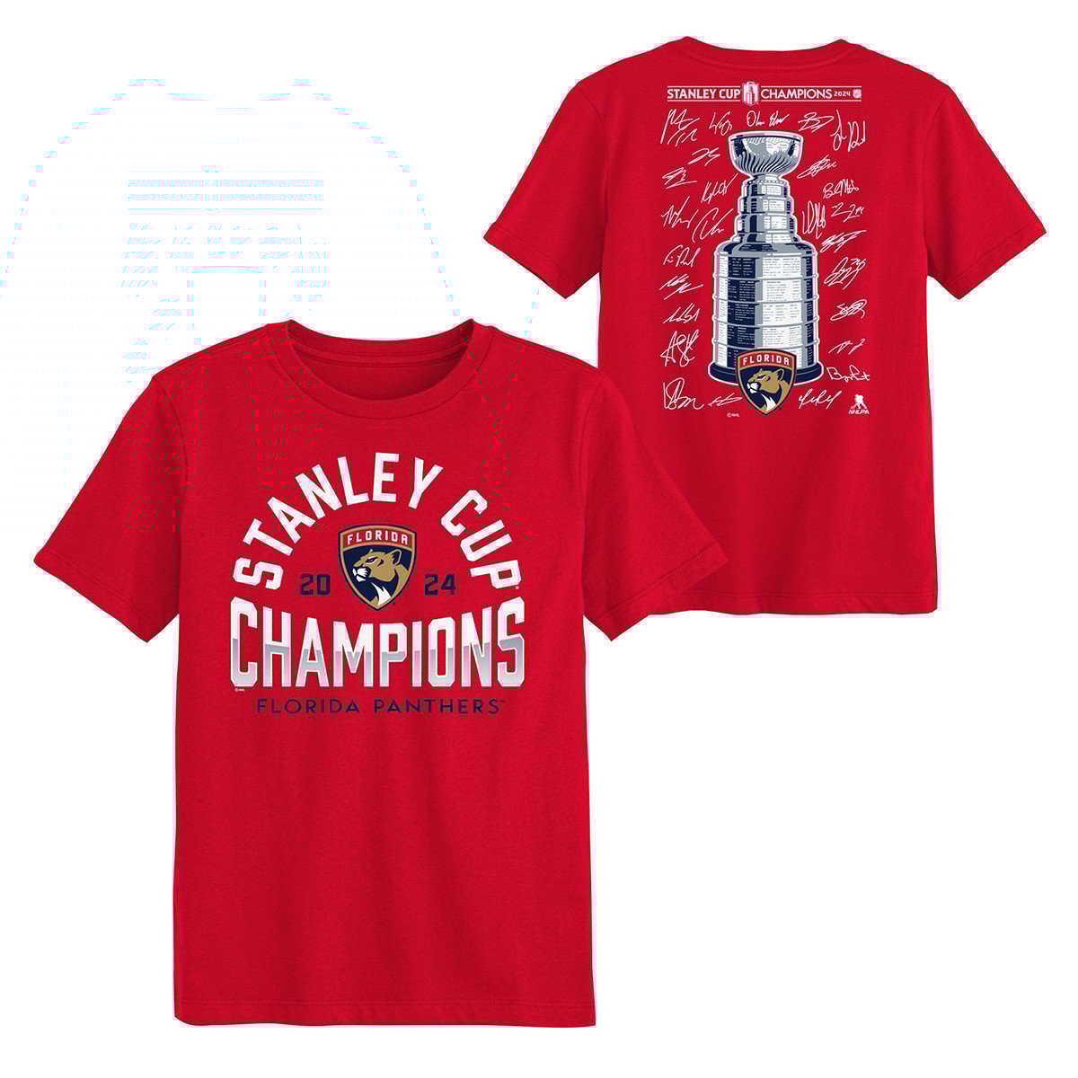 Florida Panthers Juvenile 2024 Stanley Cup Champions Signature Roster T-Shirt