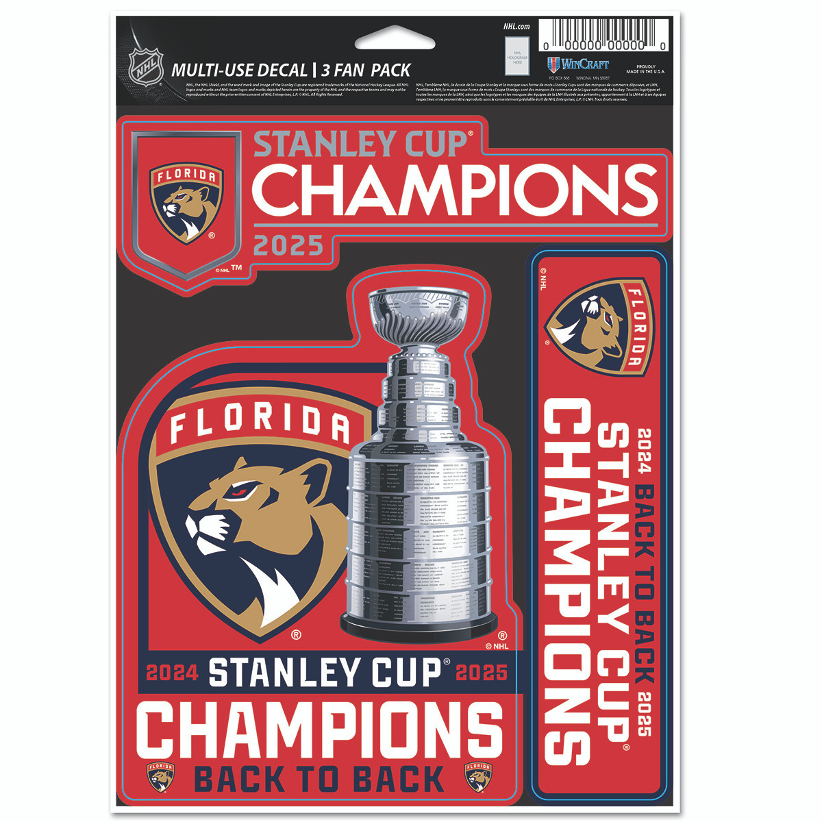 Florida Panthers 2024-2025 Back-to-Back Stanley Cup Champions 3-Pack Decals