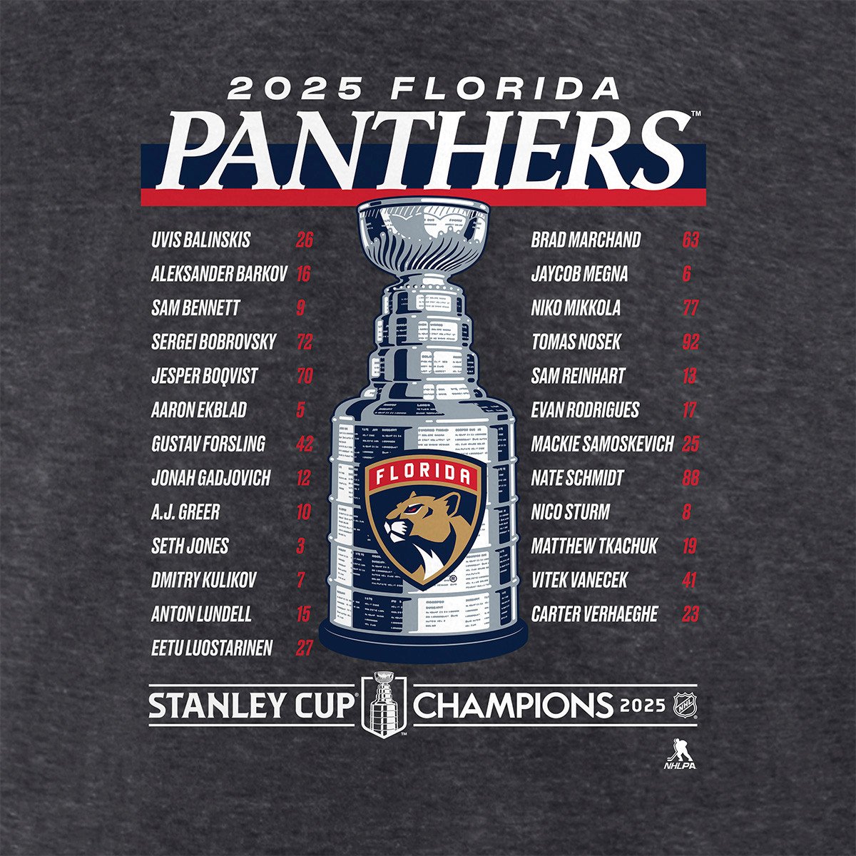 Florida Panthers 2025 Stanley Cup Champions Give and Go Roster T-Shirt