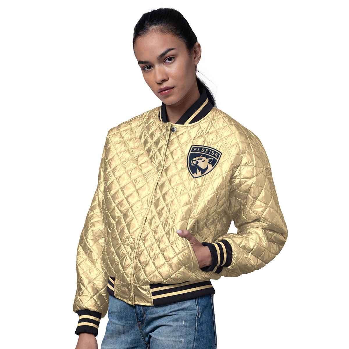 Florida Panthers Women's Blowout Metallic Gold Varsity Jacket