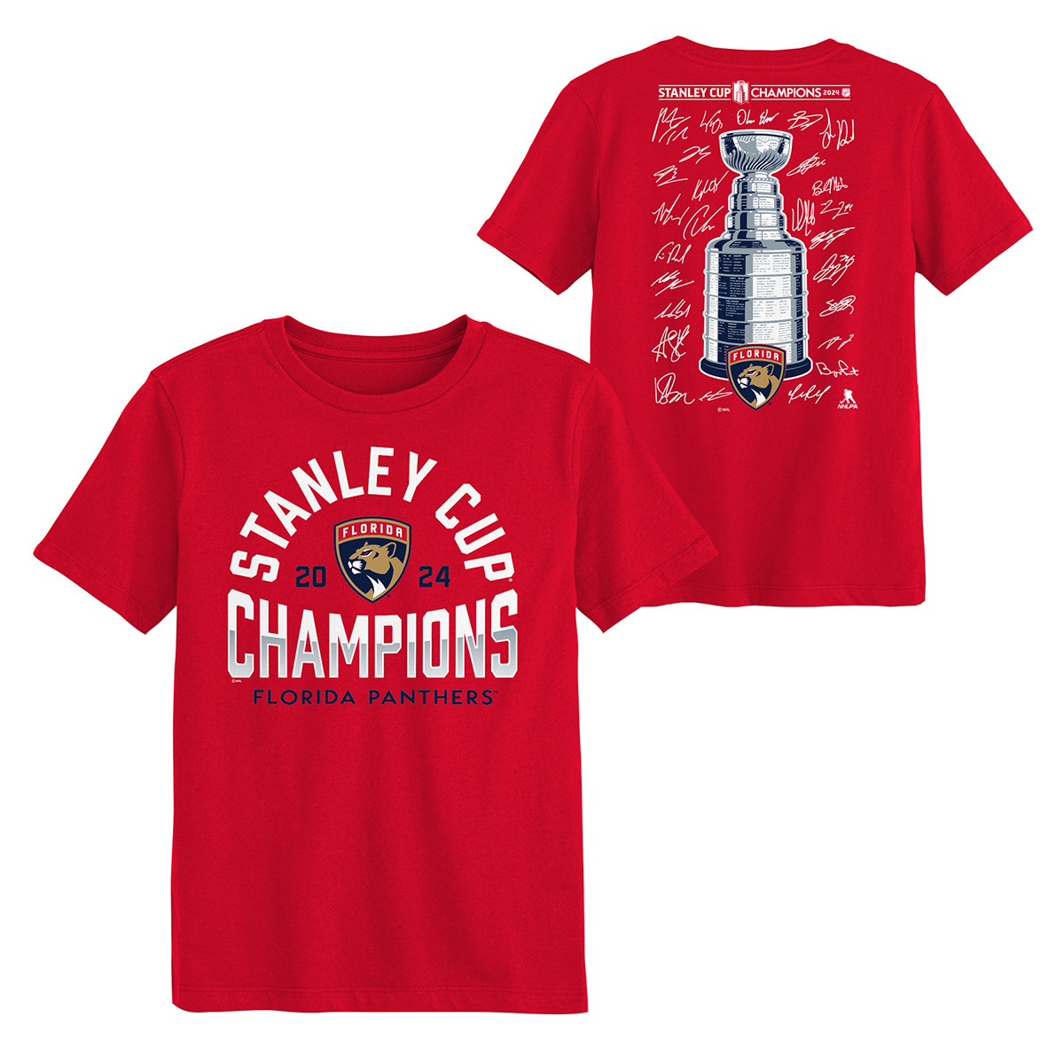 Florida Panthers Juvenile 2024 Stanley Cup Champions Signature Roster T-Shirt