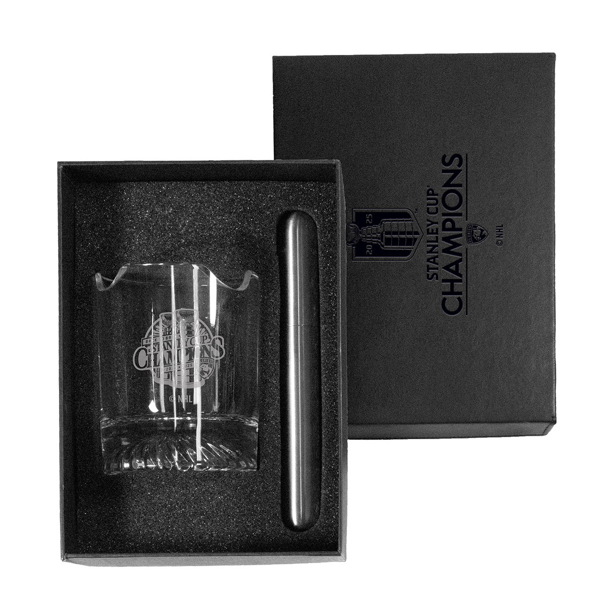 Florida Panthers 2024-2025 Back-to-Back Stanley Cup Champions 10 oz. Rocks Glass and Cigar Holder Set