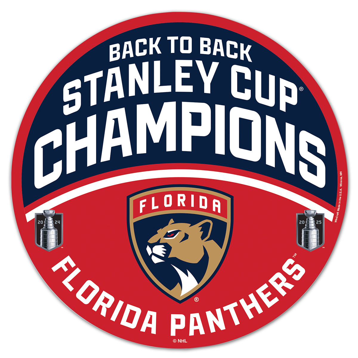 Florida Panthers 2024-2025 Back-to-Back Stanley Cup Champions Round Wood Sign