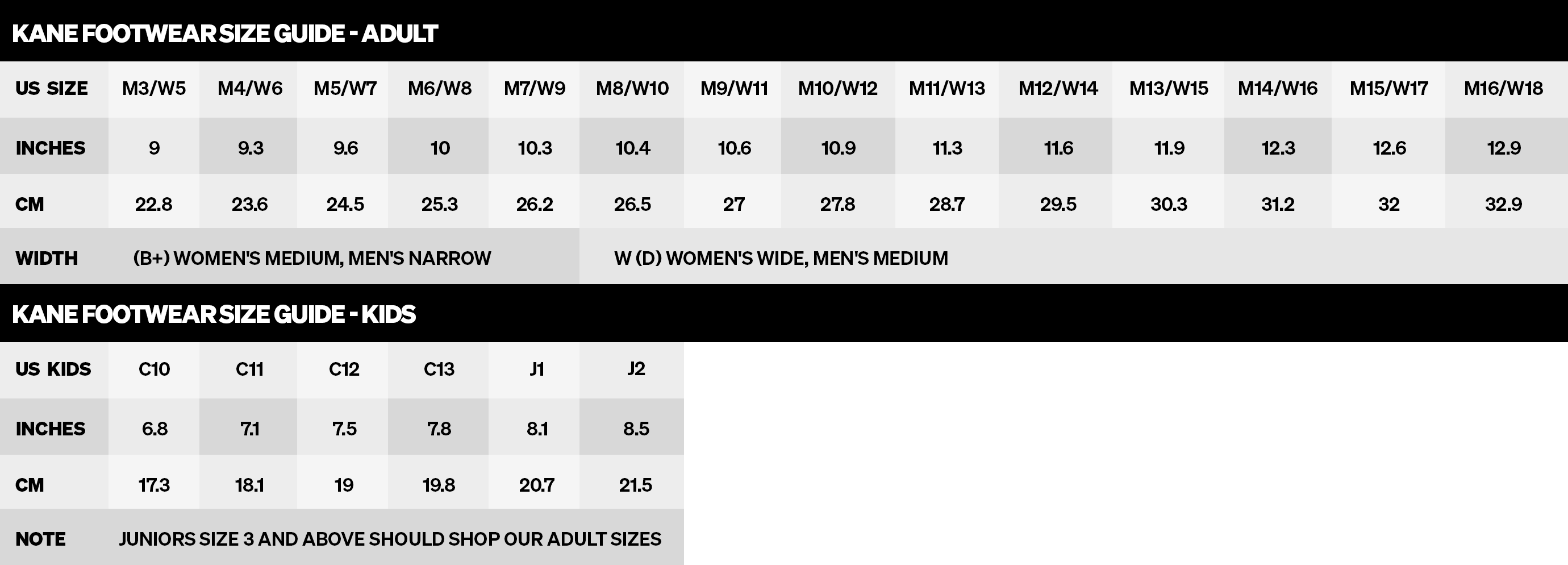KANE Size Chart