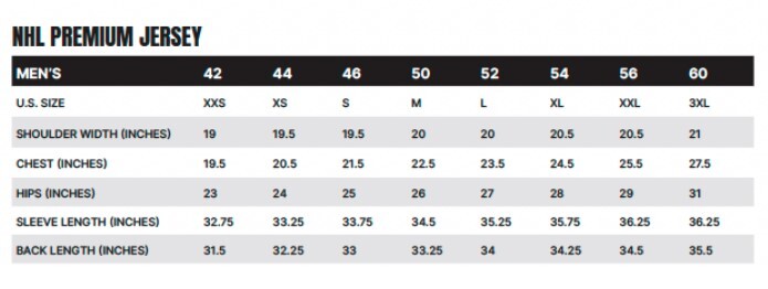 Premium Authentic Jersey Size Chart