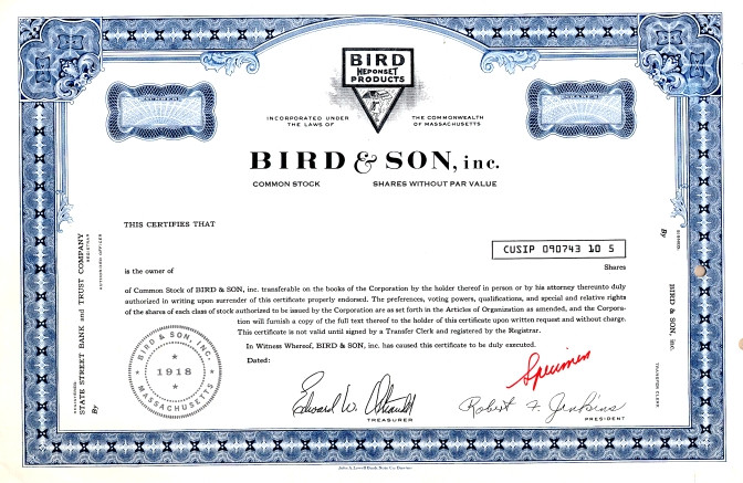 Bird & Son, Inc. (Bird Neponset Products) Massachusetts Scripophily