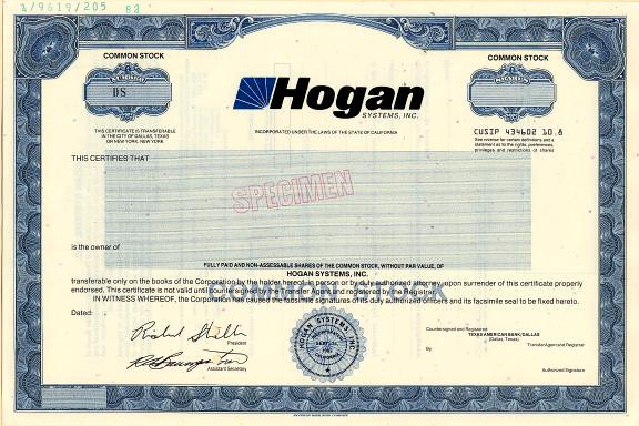 Hogan Systems, Inc. - California 1982 - Scripophily.com | Collect ...