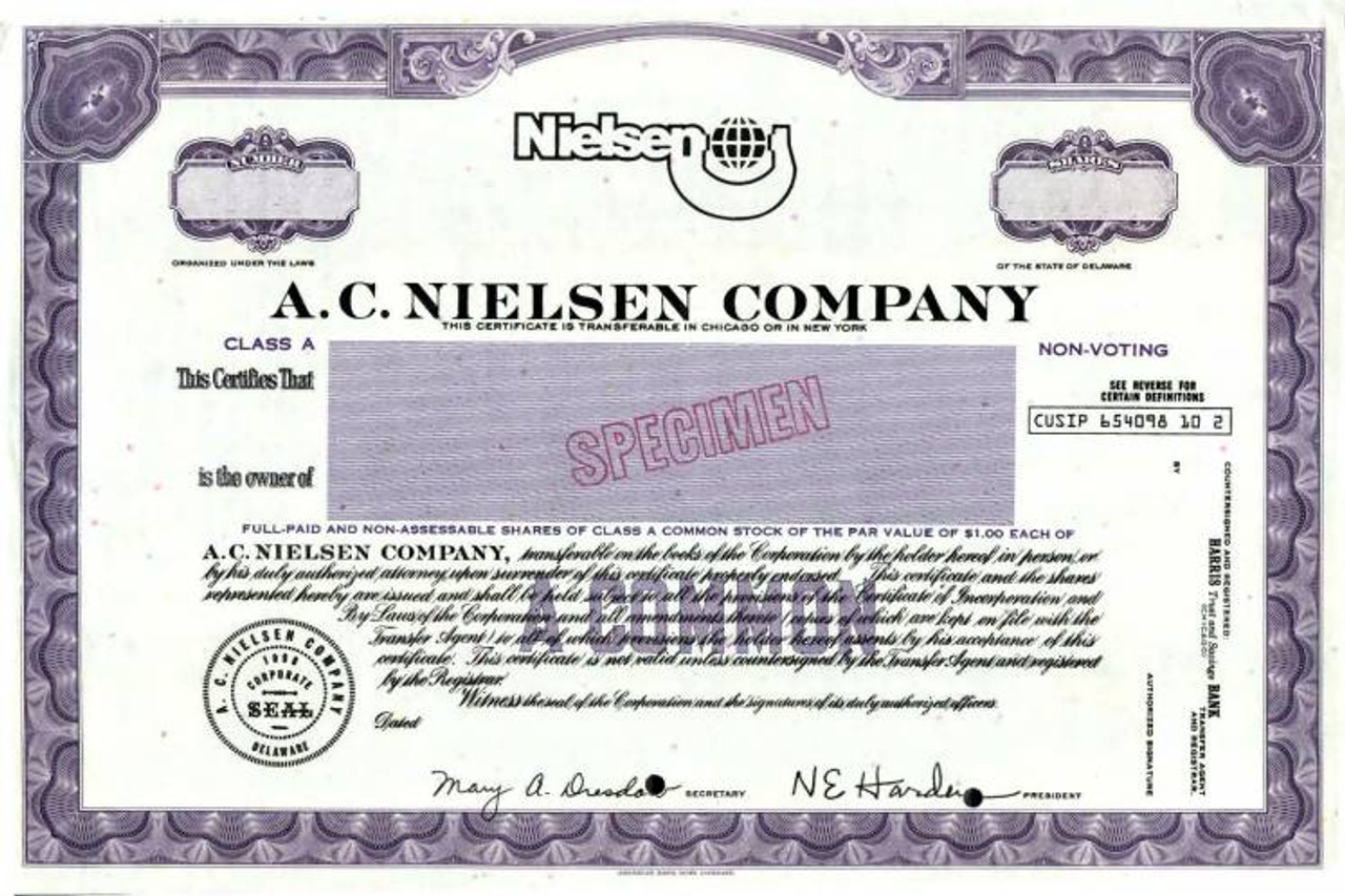 A.C. Nielsen Company ( Famous Marketing Research - Scripophily.com | Collect and Bonds | Old Stock Certificates for Sale | Old Stock Research | Smythe