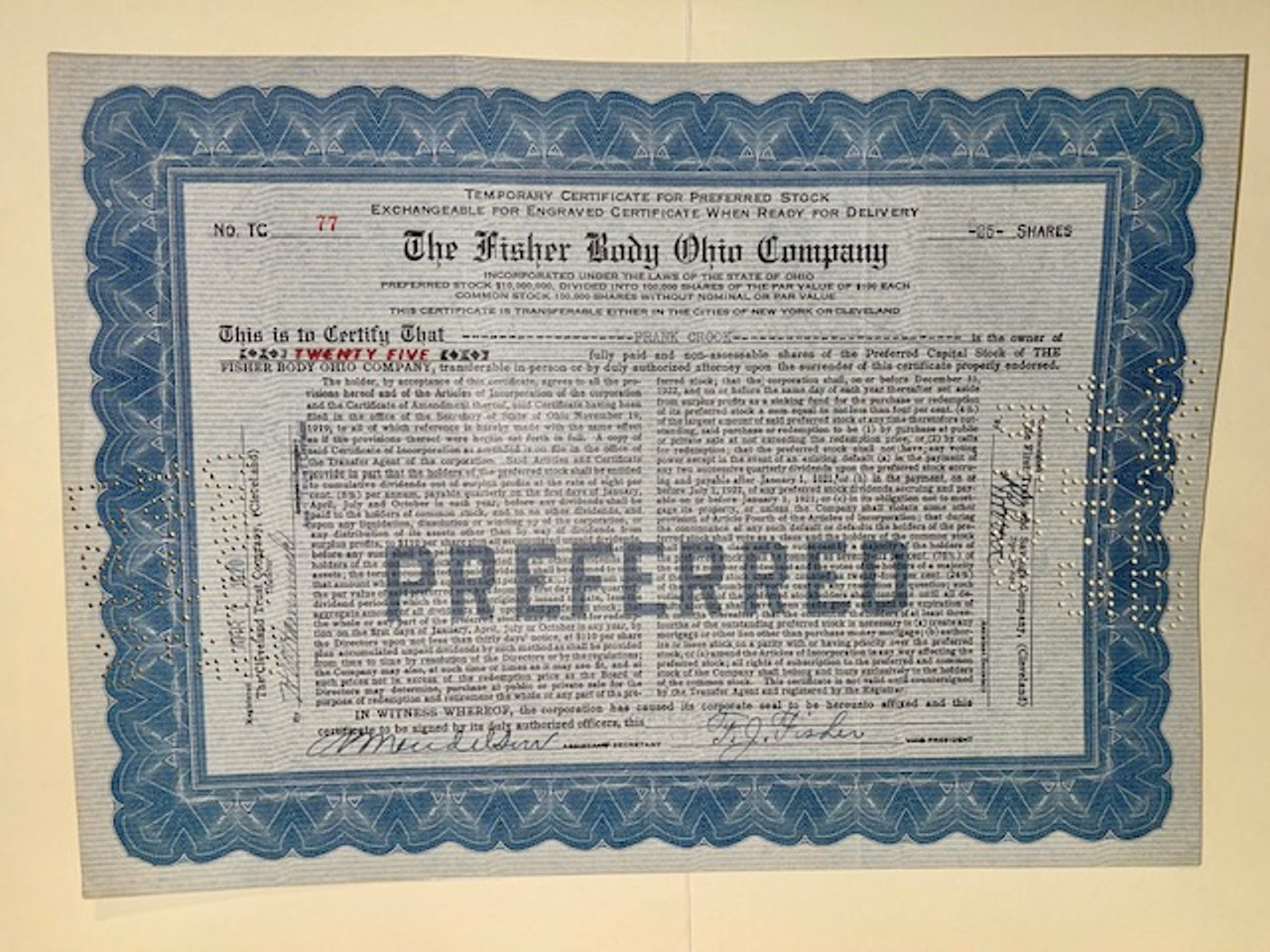 Fisher Body Ohio Company signed by founder Frederic John Fisher (Early  Certificate) - Ohio, 1920