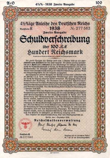 German Nazi Uncancelled WWII Bond - 1938 - Scripophily.com