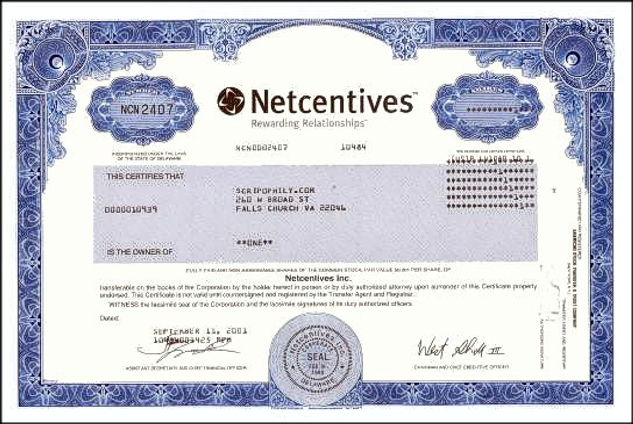 Netcentives - Dot Com Bankruptcy --- RARE Date Issued on September 11, 2001