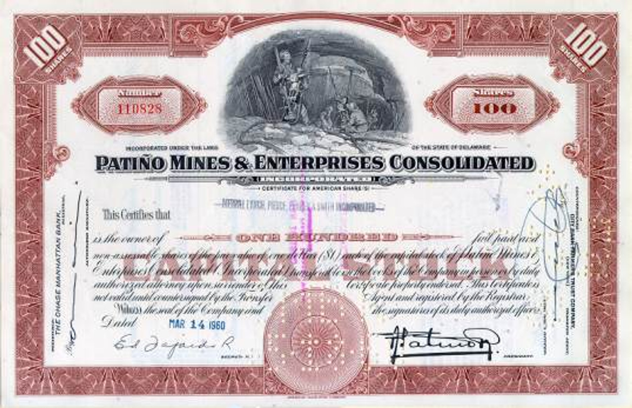 コレクション Patino Mines & Enterprises Consolidated Patino Mines and Enterprises Consolidated - Scripophily.com