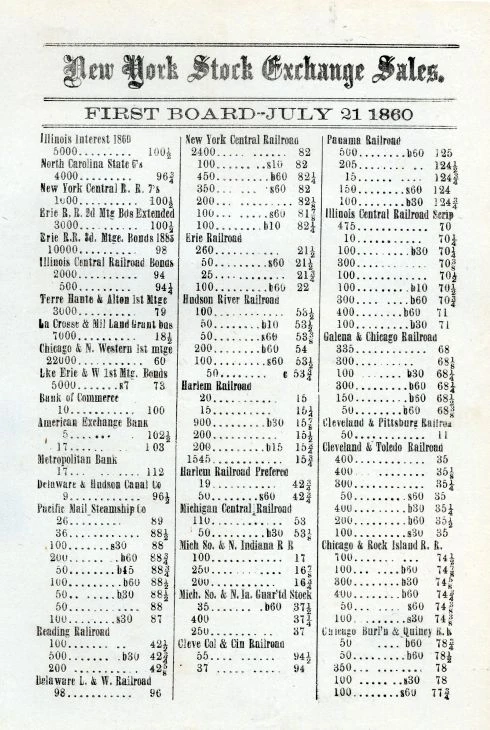 New York Stock Exchange Stock Price Quotation Sheet (Original) - 1860 ...