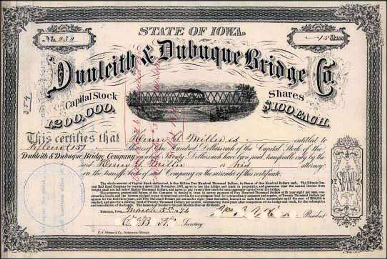 Stock Certificate Railroad Iowa Stuyvesant Fish Dunleith & Dubuque Bridge Co 
