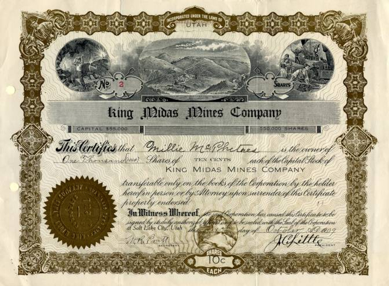 King Midas Mines Company - Utah 1909 - Scripophily.com