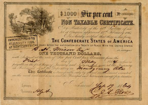 Confederate States of America - Non Taxable $1,000 Bond
