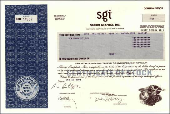 Silicon Graphics, Inc. (SGI) - Scripophily.com | Collect Stocks and ...