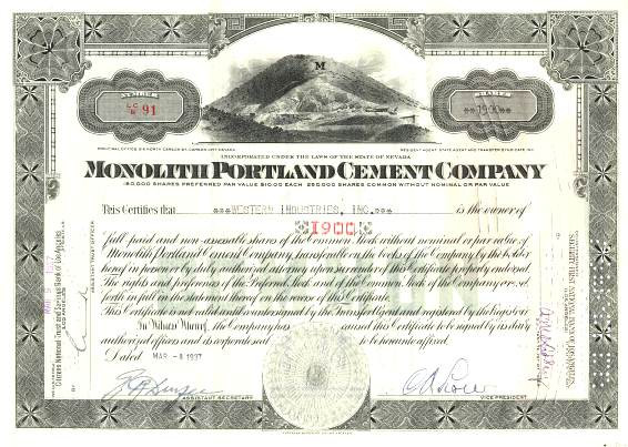 Monolith Portland Cement Company - Nevada 1937 - Scripophily.com