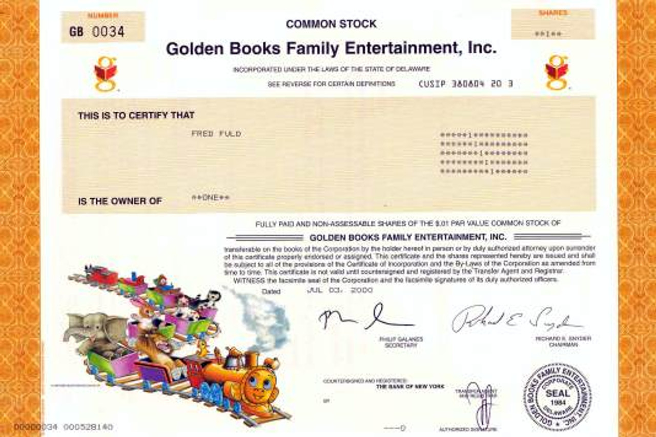 Golden Books Family Entertainment - Scripophily.com | Collect Stocks