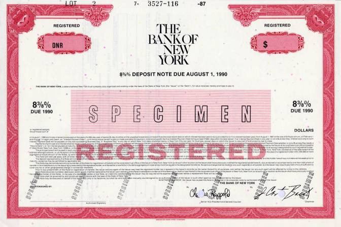 Bank of New York Deposit Note New York 1987