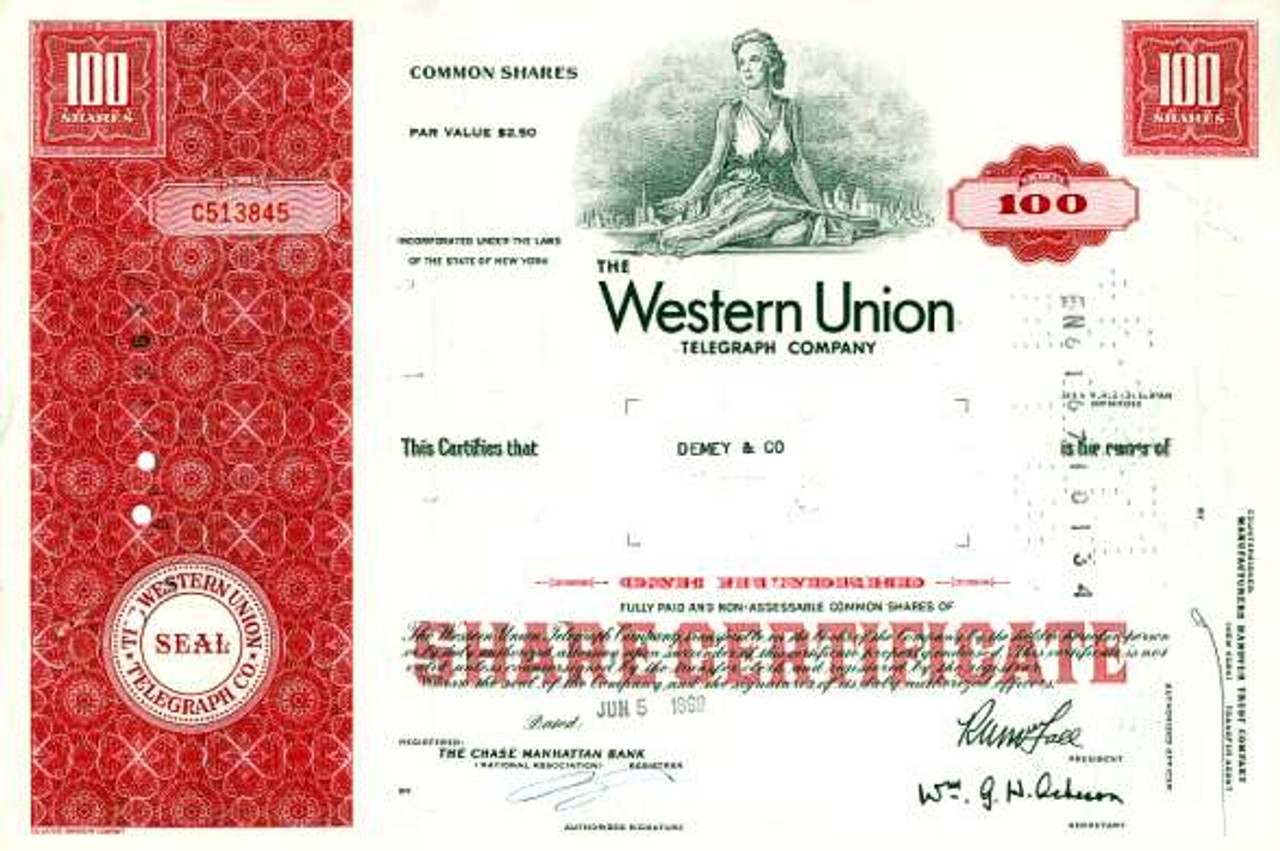 Western Union Telegraph Company - Scripophily.com | Collect Stocks and ...