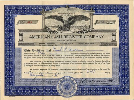 American Cash Register Company - Michigan 1925 - Scripophily.com