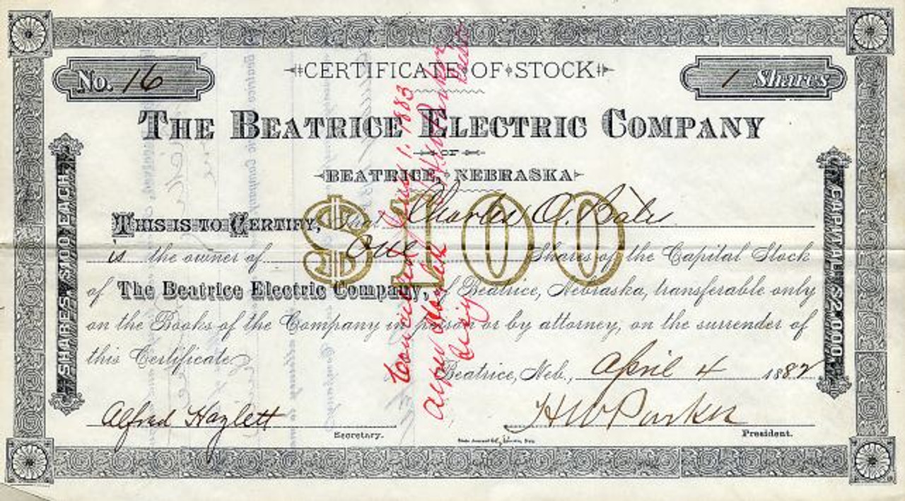 Beatrice Electric Company Beatrice Nebraska 1882 Scripophily