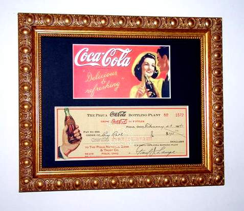 1940’s USA コカコーラ Coca-Cola 1940s SCARCE Check & Advertisement Framed - Scripophily
