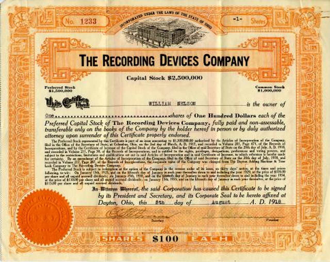 Recording Devices Company ( Early Time Clock Maker) Ohio 1918
