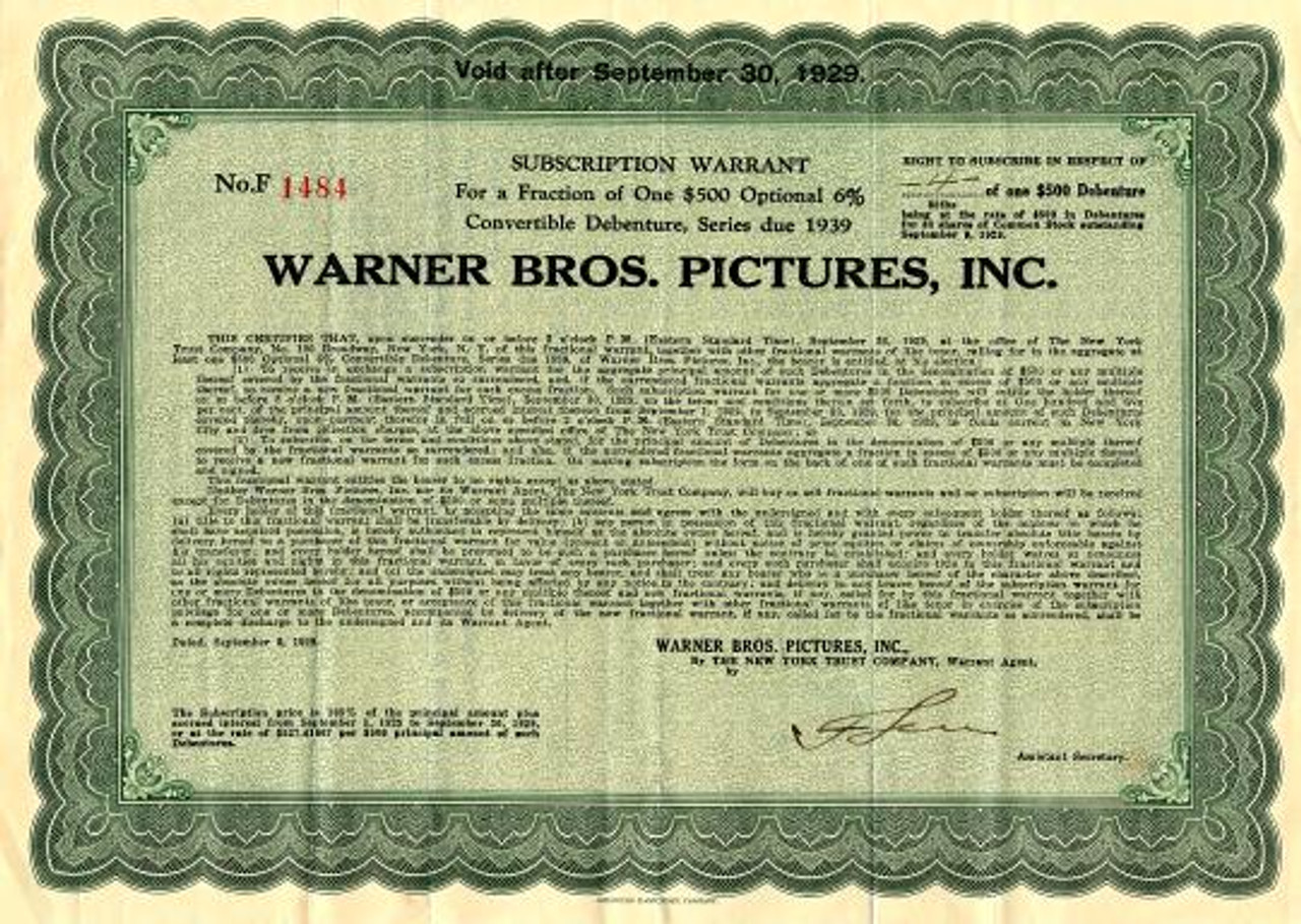 Warner Bros. Pictures Inc. New York 1929 Scripophily