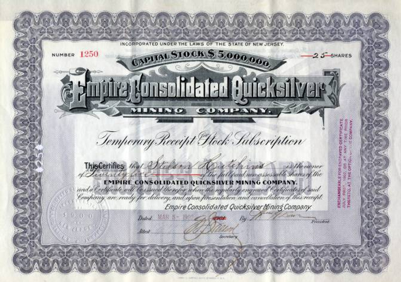 Stock Certificate St Helena Consolidated Gold and Silver Mining Company 