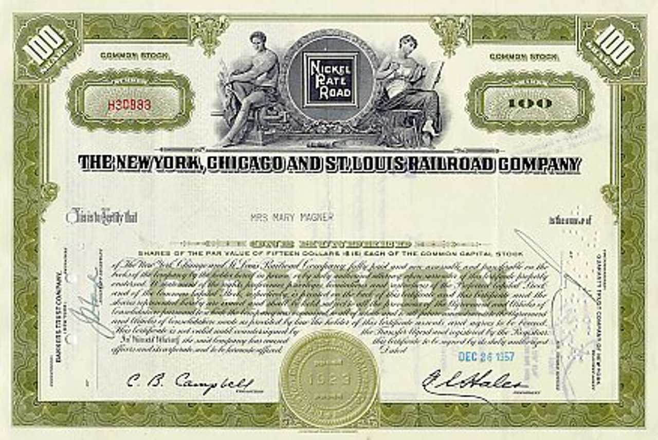 Nickel Plate New York, Chicago and St. Louis Railroad Company -  Scripophily.com, Collect Stocks and Bonds, Old Stock Certificates for  Sale, Old Stock Research, RM Smythe