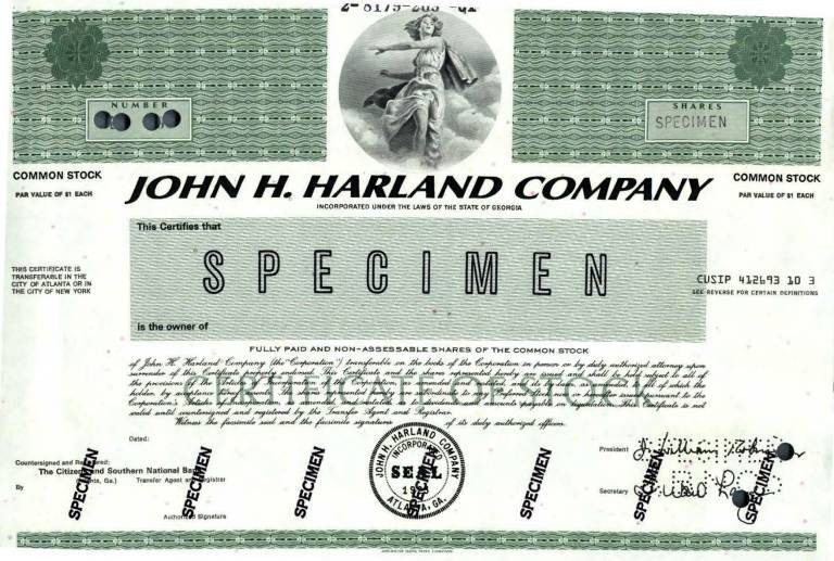 John H, Harland Company Stock Certificate- 1981 - Scripophily.com | Collect  Stocks and Bonds | Old Stock Certificates for Sale | Old Stock Research |  RM Smythe |
