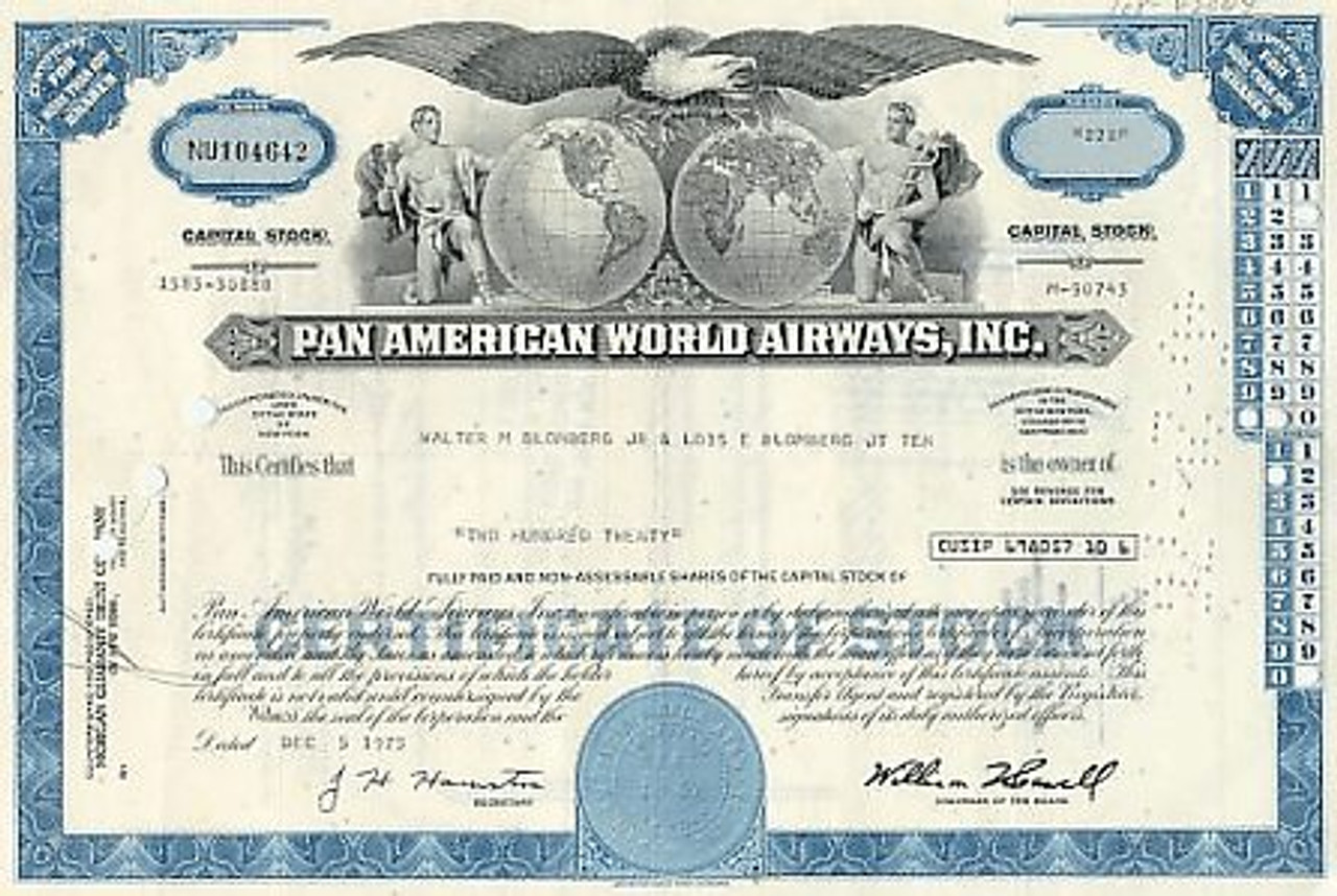 USA 1927 Pan American World Airways 100 Shares Bond Loan Stock Certificate 