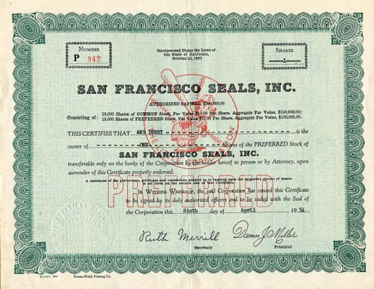 San Francisco Seals, Inc. Baseball Team (Pre S.F. Giants) - California 1954  - Scripophily.com, Collect Stocks and Bonds, Old Stock Certificates for  Sale, Old Stock Research, RM Smythe